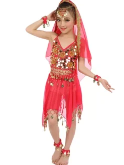 Belly Dance Costumes Kids Chiffon Red Sleeveless Indian Bollywood Dancing Dresses