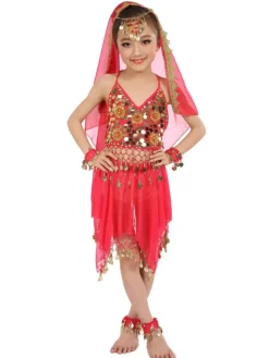 Belly Dance Costumes Kids Chiffon Red Sleeveless Indian Bollywood Dancing Dresses