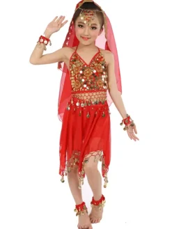 Belly Dance Costumes Kids Chiffon Red Sleeveless Indian Bollywood Dancing Dresses