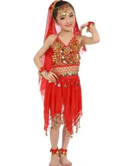 Belly Dance Costumes Kids Chiffon Red Sleeveless Indian Bollywood Dancing Dresses