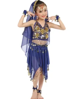 Belly Dance Costumes Kids Chiffon Red Sleeveless Indian Bollywood Dancing Dresses