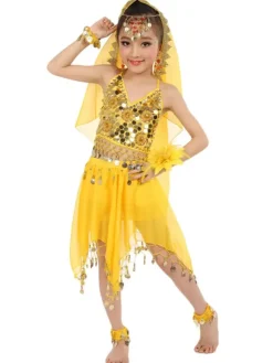 Belly Dance Costumes Kids Chiffon Red Sleeveless Indian Bollywood Dancing Dresses