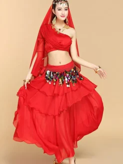 Belly Dance Costumes Sequins Ruffles One Shoulder Top Women Dancing Wear