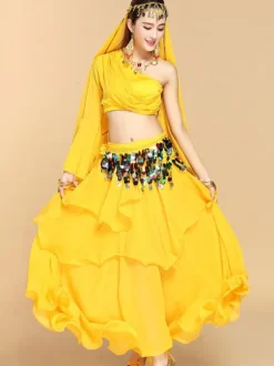 Belly Dance Costumes Sequins Ruffles One Shoulder Top Women Dancing Wear