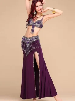 Belly Dance Costumes Women Rose Red Beading High Slit Belly Dancing Performance Costume