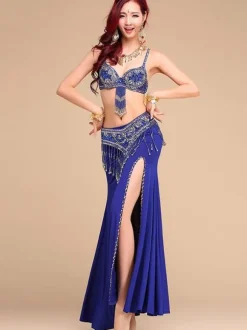 Belly Dance Costumes Women Rose Red Beading High Slit Belly Dancing Performance Costume