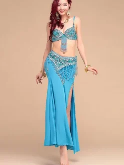 Belly Dance Costumes Women Rose Red Beading High Slit Belly Dancing Performance Costume
