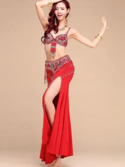 Belly Dance Costumes Women Rose Red Beading High Slit Belly Dancing Performance Costume