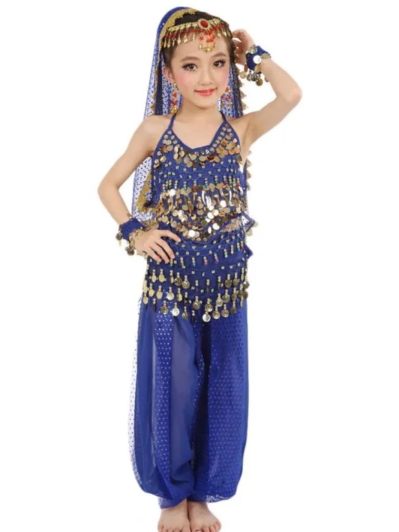 Belly Dance Costume Kids Blue Chiffon Sleeveless Indian Bollywood Dancing Costumes