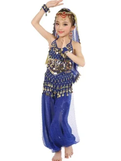 Belly Dance Costume Kids Blue Chiffon Sleeveless Indian Bollywood Dancing Costumes