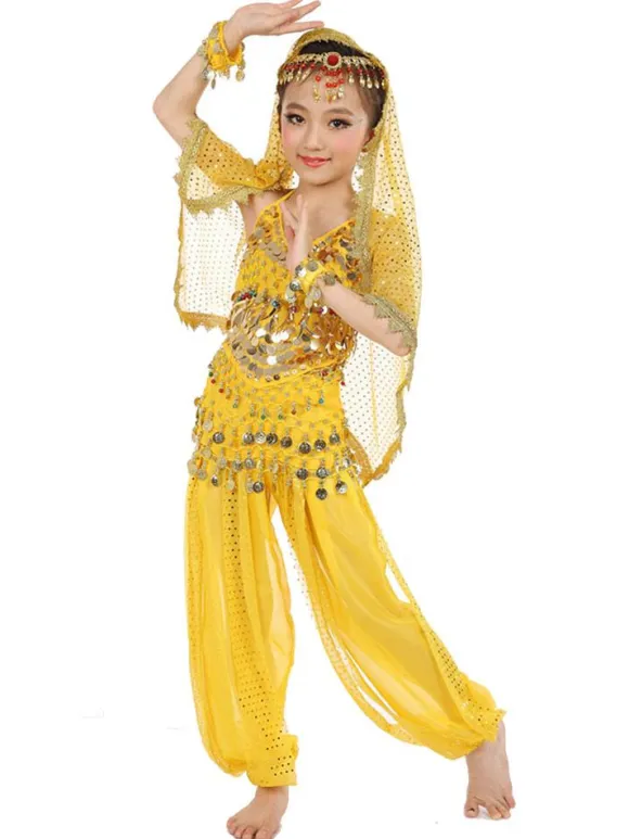 Belly Dance Costume Kids Blue Chiffon Sleeveless Indian Bollywood Dancing Costumes