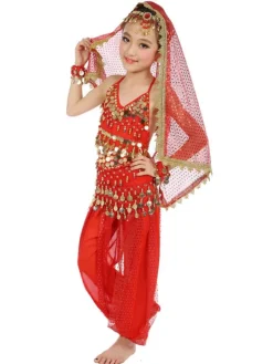 Belly Dance Costume Kids Blue Chiffon Sleeveless Indian Bollywood Dancing Costumes