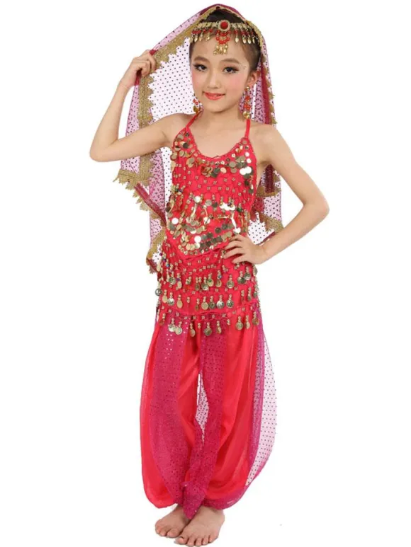 Belly Dance Costume Kids Blue Chiffon Sleeveless Indian Bollywood Dancing Costumes