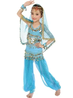 Belly Dance Costume Kids Blue Chiffon Sleeveless Indian Bollywood Dancing Costumes
