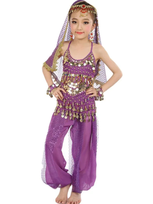 Belly Dance Costume Kids Blue Chiffon Sleeveless Indian Bollywood Dancing Costumes