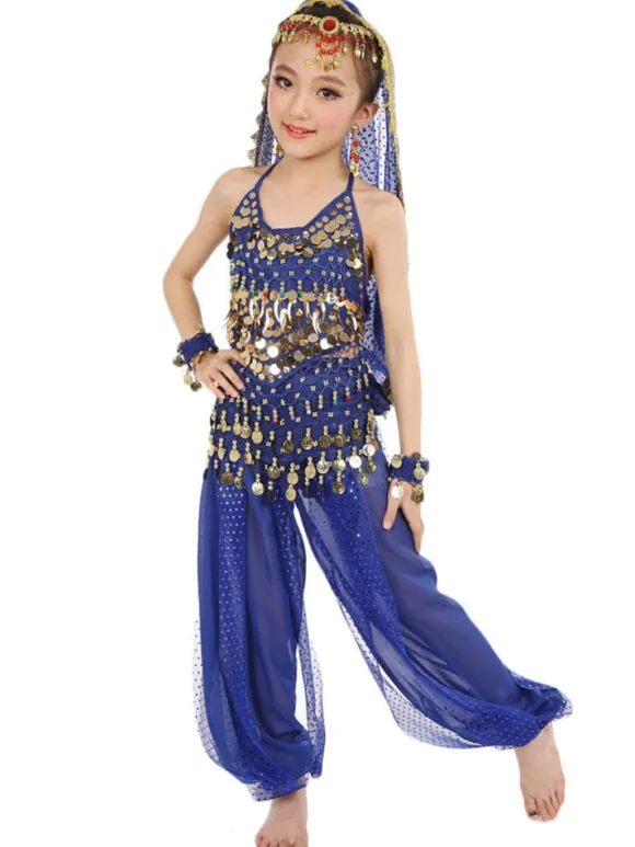 Belly Dance Costume Kids Blue Chiffon Sleeveless Indian Bollywood Dancing Costumes