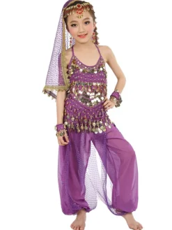 Belly Dance Costume Kids Blue Chiffon Sleeveless Indian Bollywood Dancing Costumes