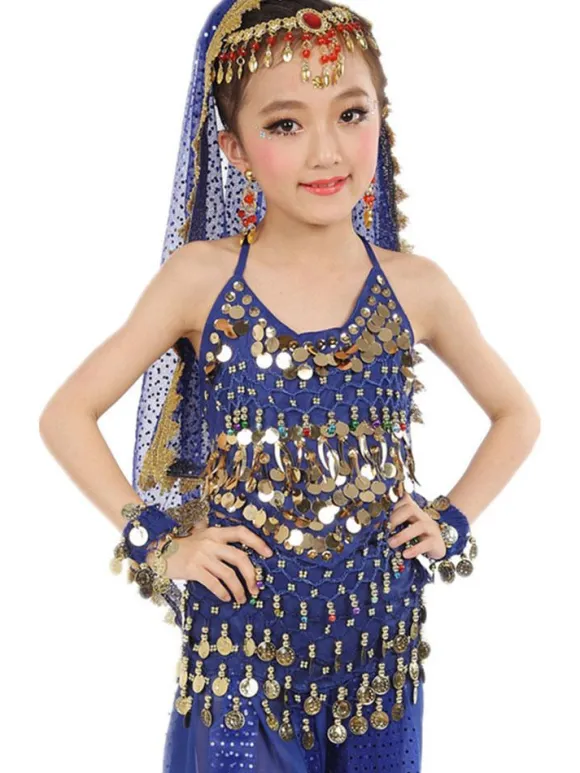 Belly Dance Costume Kids Blue Chiffon Sleeveless Indian Bollywood Dancing Costumes
