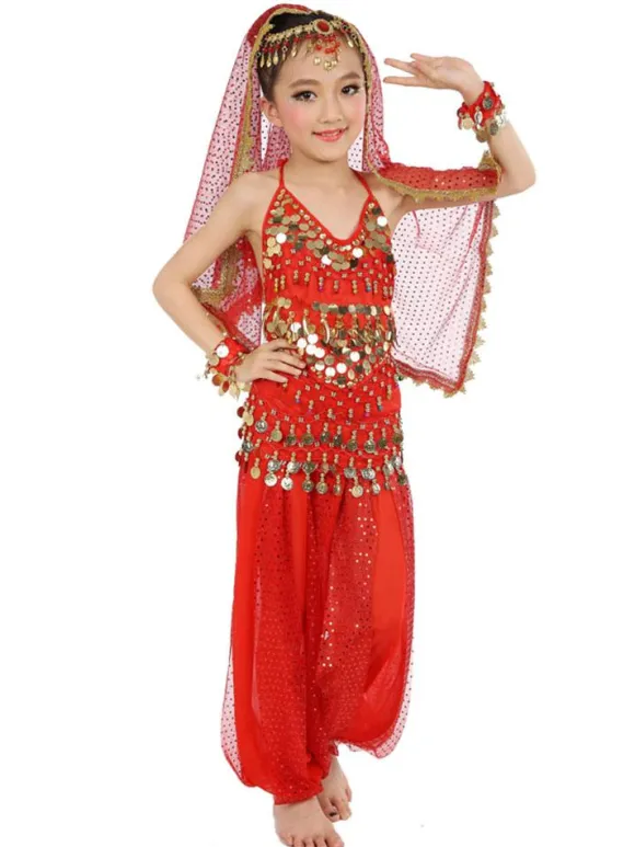 Belly Dance Costume Kids Blue Chiffon Sleeveless Indian Bollywood Dancing Costumes