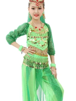 Belly Dance Costume Kids Red Chiffon Long Sleeve Indian Bollywood Dancing Costumes