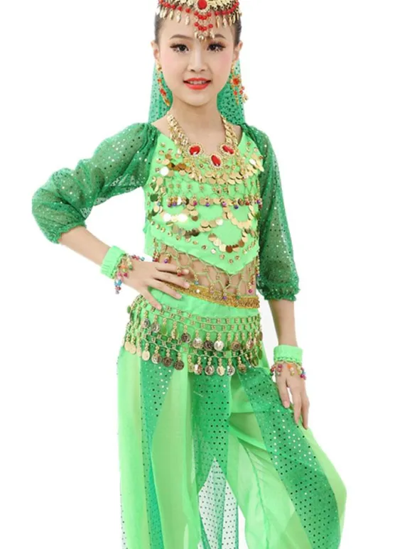 Belly Dance Costume Kids Red Chiffon Long Sleeve Indian Bollywood Dancing Costumes