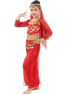 Belly Dance Costume Kids Red Chiffon Long Sleeve Indian Bollywood Dancing Costumes