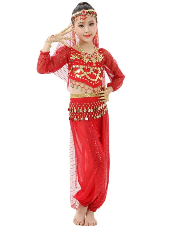 Belly Dance Costume Kids Red Chiffon Long Sleeve Indian Bollywood Dancing Costumes