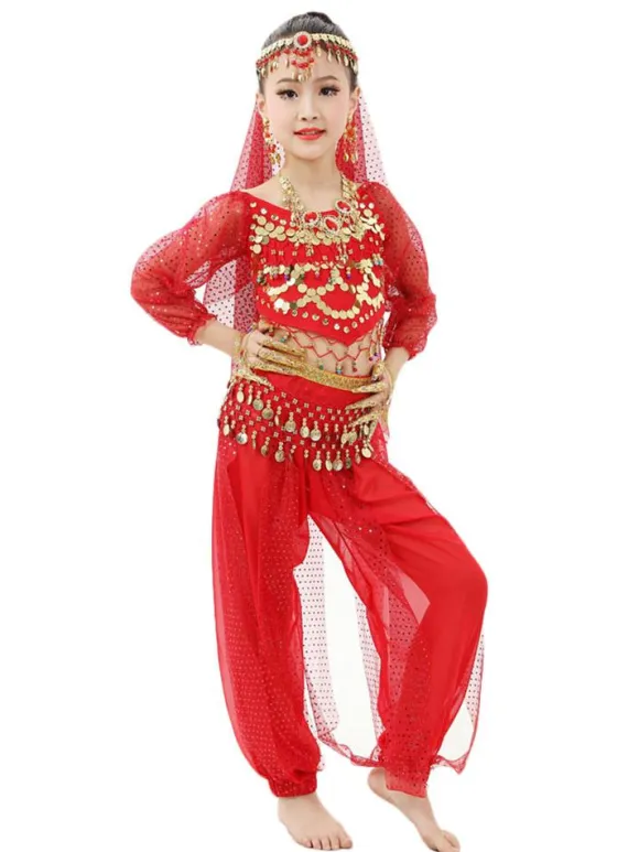 Belly Dance Costume Kids Red Chiffon Long Sleeve Indian Bollywood Dancing Costumes