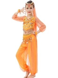 Belly Dance Costume Kids Red Chiffon Long Sleeve Indian Bollywood Dancing Costumes