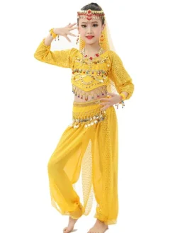 Belly Dance Costume Kids Red Chiffon Long Sleeve Indian Bollywood Dancing Costumes