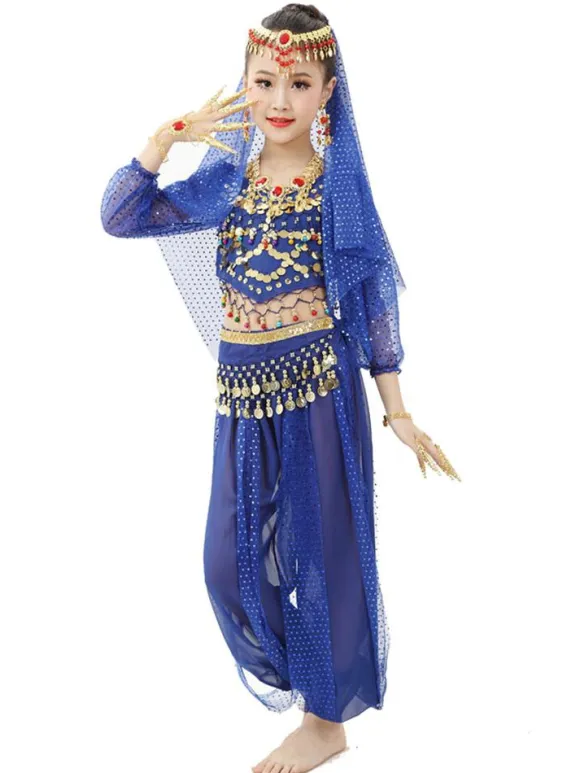 Belly Dance Costume Kids Red Chiffon Long Sleeve Indian Bollywood Dancing Costumes