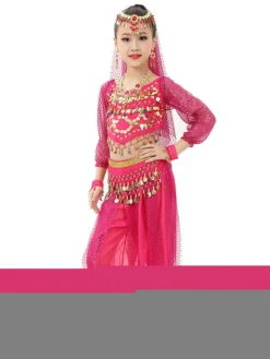 Belly Dance Costume Kids Red Chiffon Long Sleeve Indian Bollywood Dancing Costumes