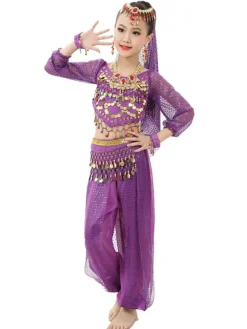 Belly Dance Costume Kids Red Chiffon Long Sleeve Indian Bollywood Dancing Costumes