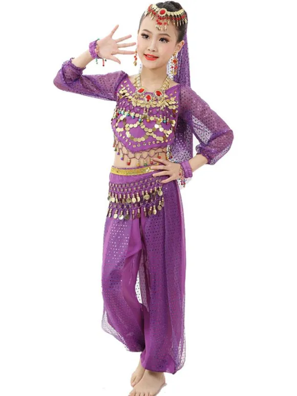 Belly Dance Costume Kids Red Chiffon Long Sleeve Indian Bollywood Dancing Costumes