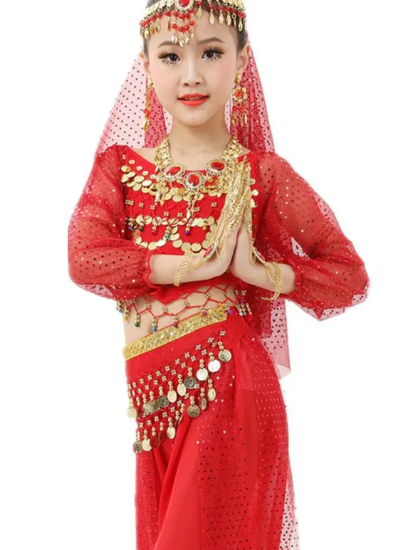 Belly Dance Costume Kids Red Chiffon Long Sleeve Indian Bollywood Dancing Costumes