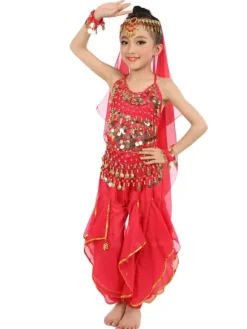 Belly Dance Costume Kids Yellow Chiffon Bollywood Indian Dancing Costumes