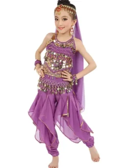 Belly Dance Costume Kids Yellow Chiffon Bollywood Indian Dancing Costumes