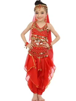 Belly Dance Costume Kids Yellow Chiffon Bollywood Indian Dancing Costumes