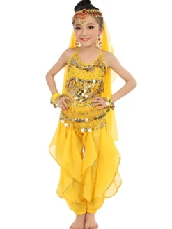 Belly Dance Costume Kids Yellow Chiffon Bollywood Indian Dancing Costumes