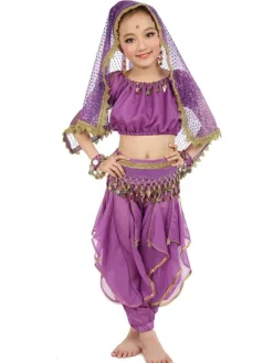 Belly Dance Costume Kids Yellow Chiffon Bollywood Indian Dancing Costumes