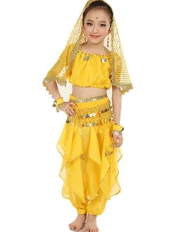 Belly Dance Costume Kids Yellow Chiffon Bollywood Indian Dancing Costumes