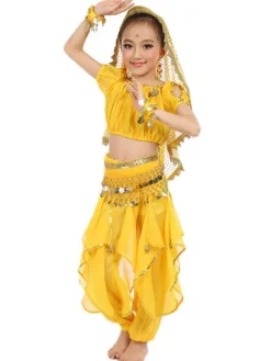 Belly Dance Costume Kids Yellow Chiffon Bollywood Indian Dancing Costumes