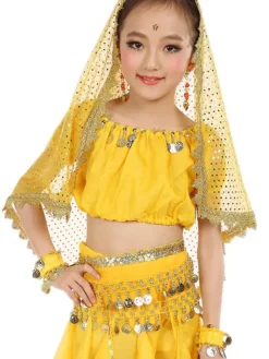 Belly Dance Costume Kids Yellow Chiffon Bollywood Indian Dancing Costumes