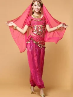 Belly Dance Costume Red Chiffon Top With Top And Pants Bollywood Dance Costume