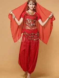 Belly Dance Costume Red Chiffon Top With Top And Pants Bollywood Dance Costume