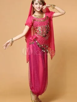 Belly Dance Costume Red Chiffon Top With Top And Pants Bollywood Dance Costume