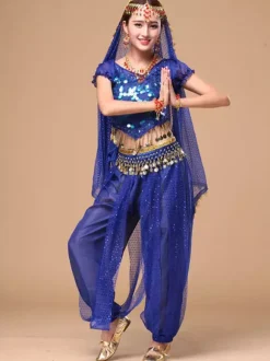 Belly Dance Costume Sparkle Blue Chiffon Bollywood Dance Dress for Women