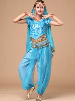 Belly Dance Costume Sparkle Blue Chiffon Bollywood Dance Dress for Women