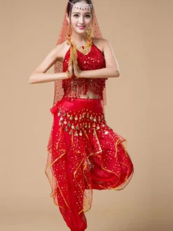 Belly Dance Costumes Sequin Fringe Rose Polka Dot Belly Dancer Tulle Belly Dance Wear For Women