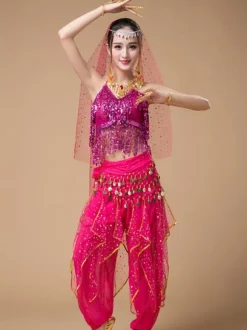 Belly Dance Costumes Sequin Fringe Rose Polka Dot Belly Dancer Tulle Belly Dance Wear For Women